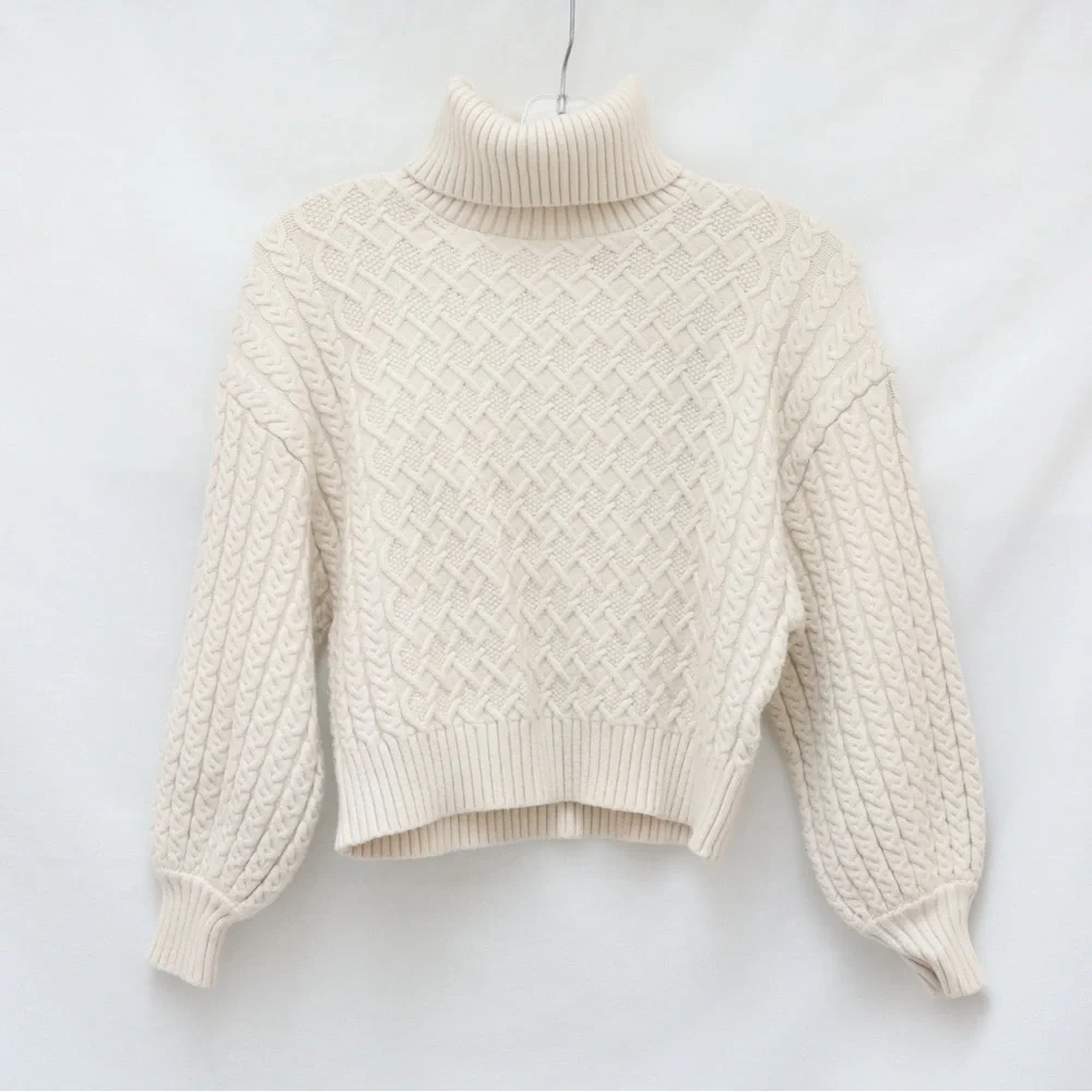 Tahari Cable stitch Turtleneck Sweater stretch cozy winter warm off-white cottag - Picture 2 of 8